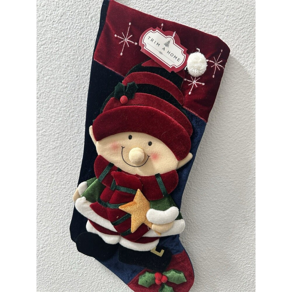 Christmas Stocking Velvet Whimsical Elf Holiday Helper New